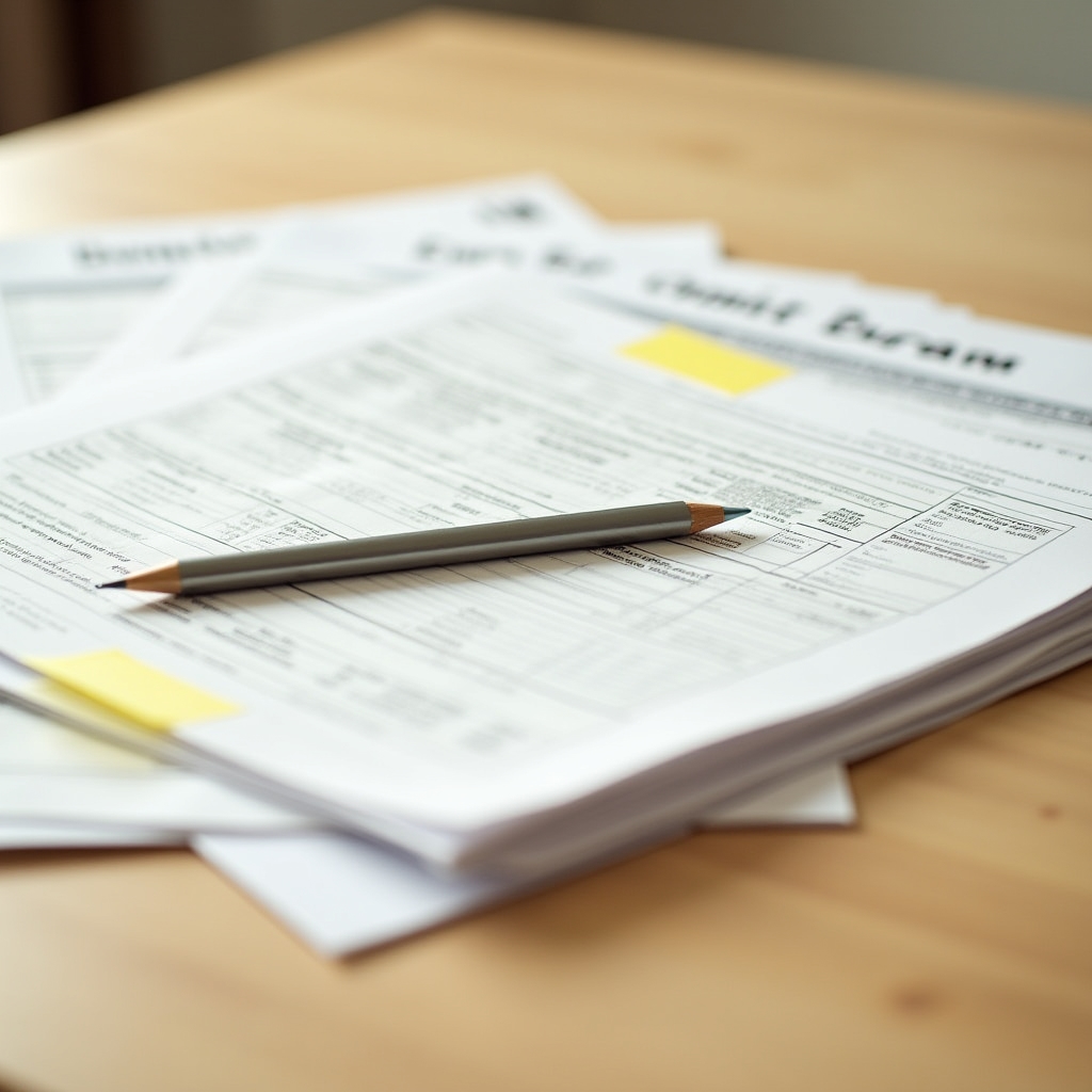 Stack of official credit bureau documentation and reports spread out on a light wooden table surface