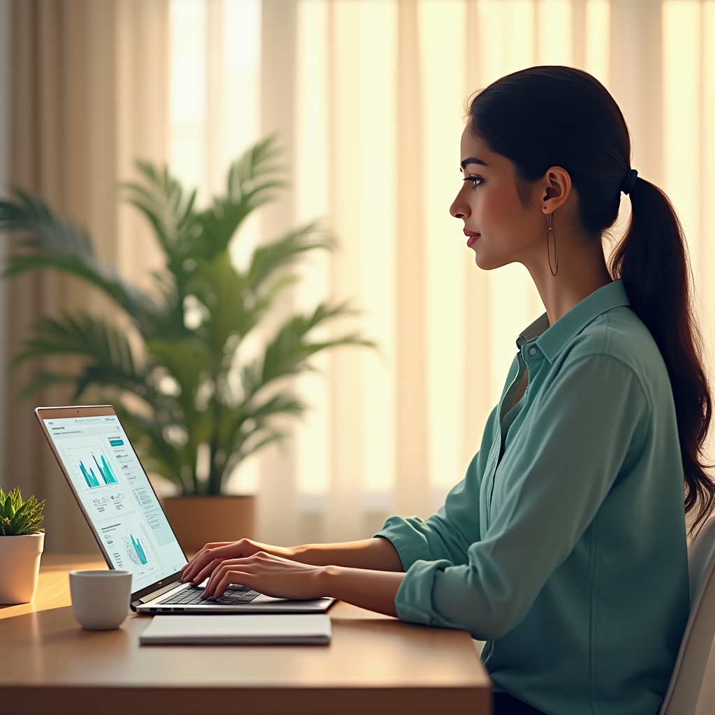 Small business owner reviewing credit profile information on a laptop
