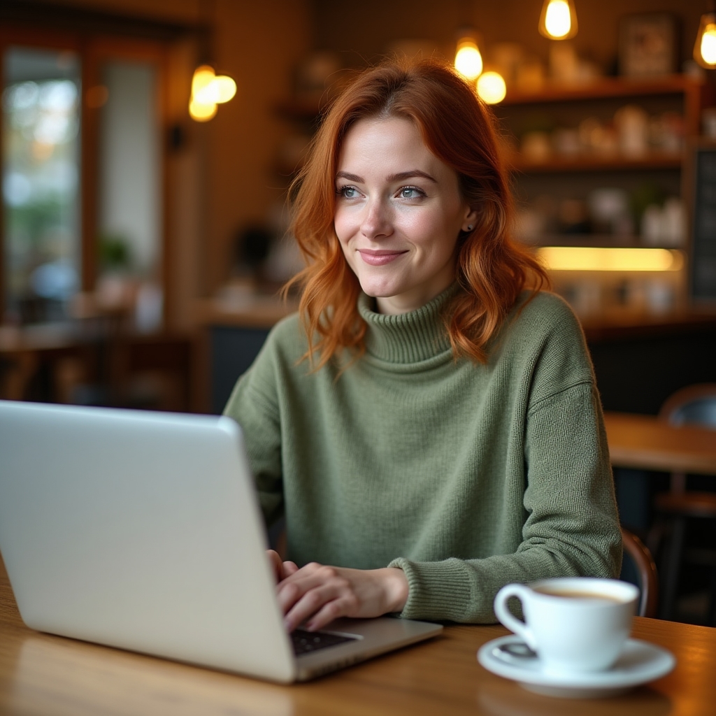 Small business owner in their late twenties sitting at a cafe table with a laptop open, thoughtfully writing about their business experience