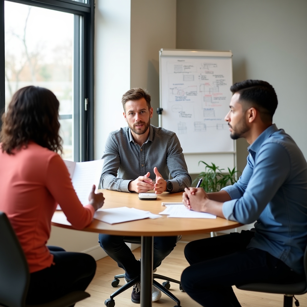 Small team of three professionals in a bright Cincinnati office space, casually discussing printed documents at a round table