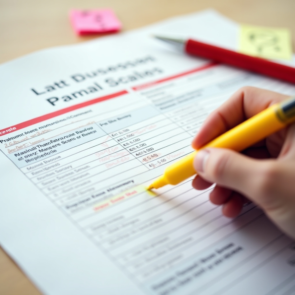 Close-up of a business credit report printout on a desk with highlighting and notes in the margins