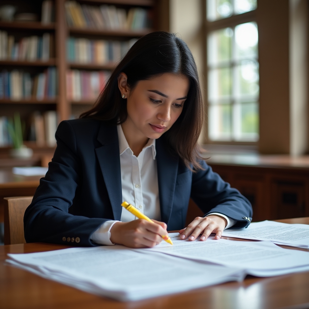 Researcher reading through federal register documents at a library table with natural window light