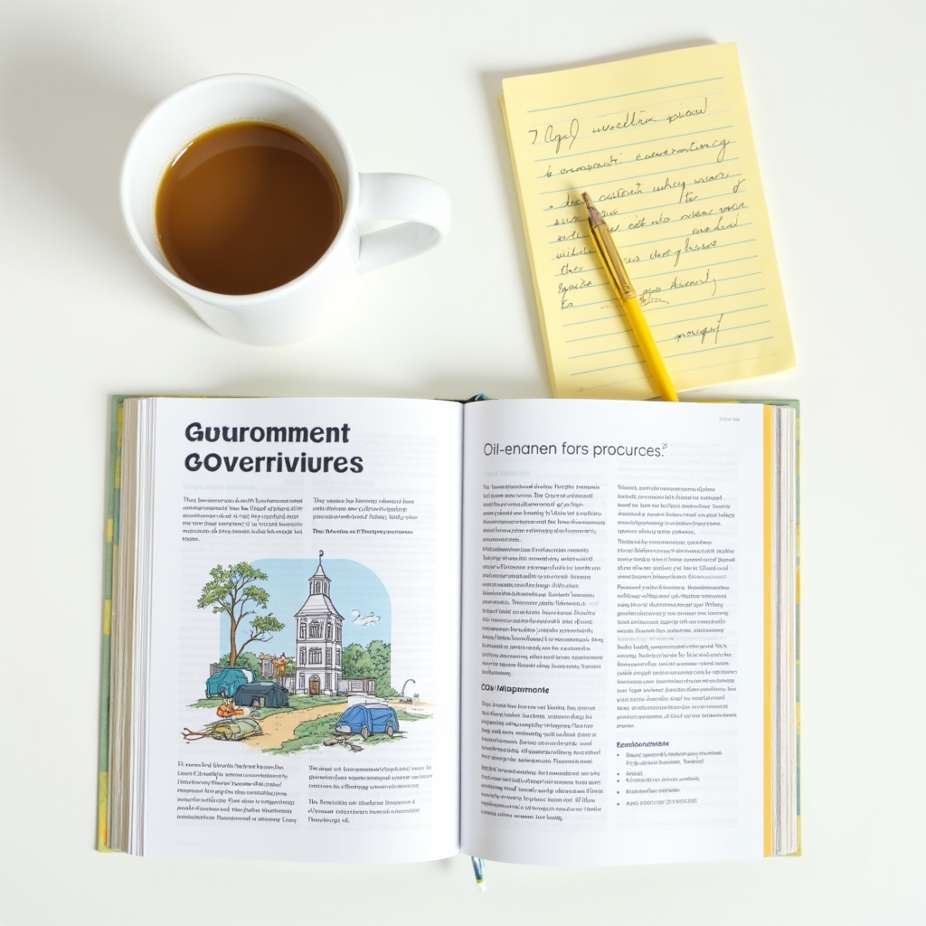 Open government resource guide booklet on a clean desk with a coffee mug and notepad